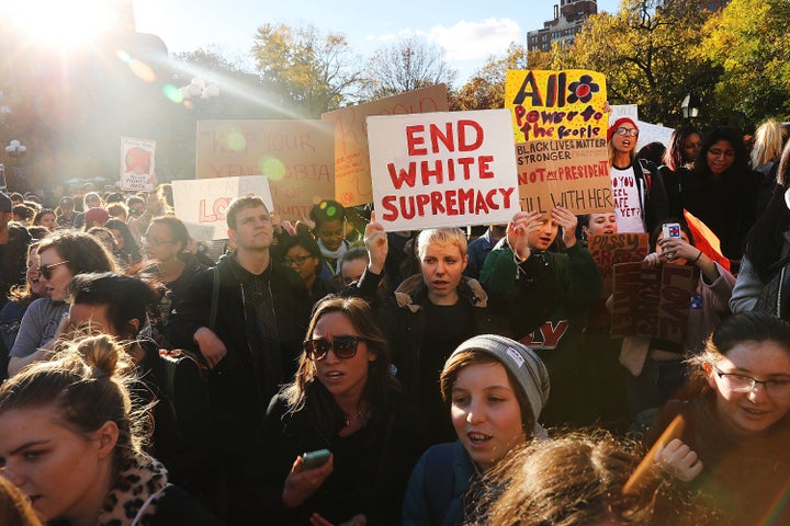 Hundreds of anti-Donald Trump protesters hold a demonstration in Washington Square Park in New York City.