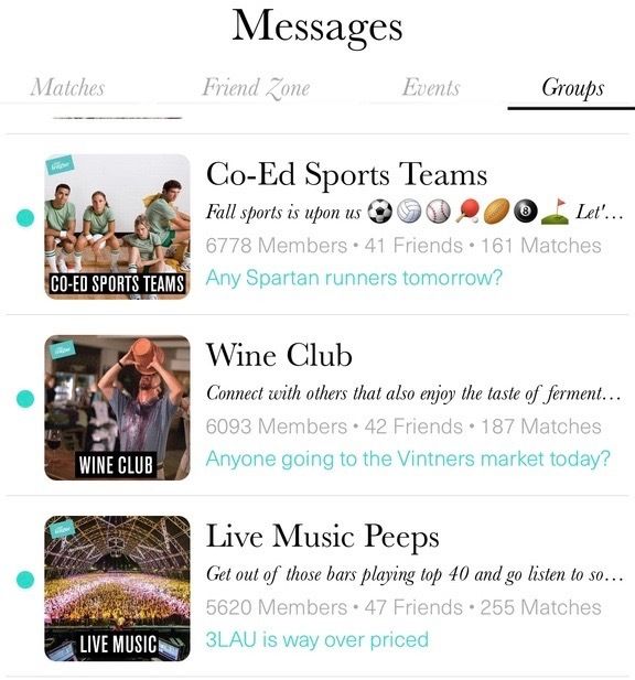 Users have access to a variety of groups and events to increase the sociability aspect of the app. 