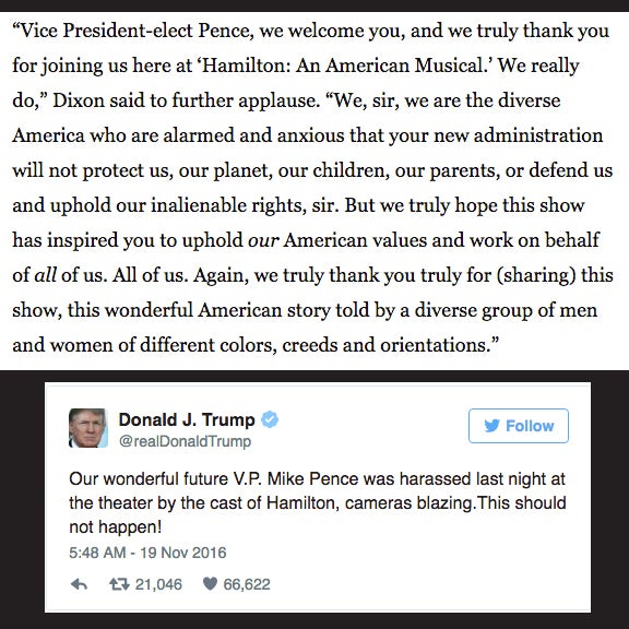 Trump’s tweet in reaction to the cast of Hamilton addressing Pence.