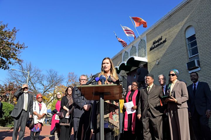 Catherine Orsborn, campaign director of Shoulder to Shoulder, speaks at The Nation's Mosque in Washington, D.C.