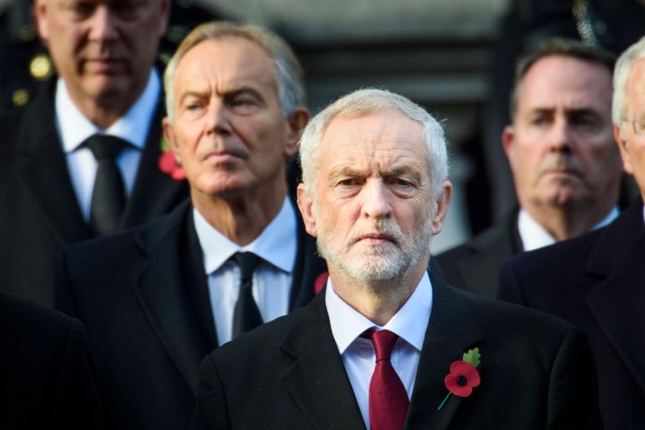 <strong>Labour leader Jeremy Corbyn and former Prime Minister Tony Blair during the annual Remembrance Sunday Service at the Cenotaph memorial.</strong>