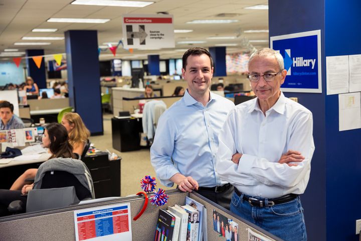 John Podesta, Campaign Chairman, and Robby Mook, Campaign Manager for Democratic presidential candidate Hillary Clinton, inside the campaign headquarters, June 28, 2016 in Brooklyn, NY.