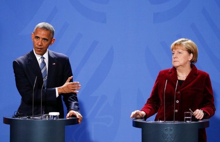 U.S. President Barack Obama speaks during a joint news conference with German Chancellor Angela Merkel in Berlin, Germany, No