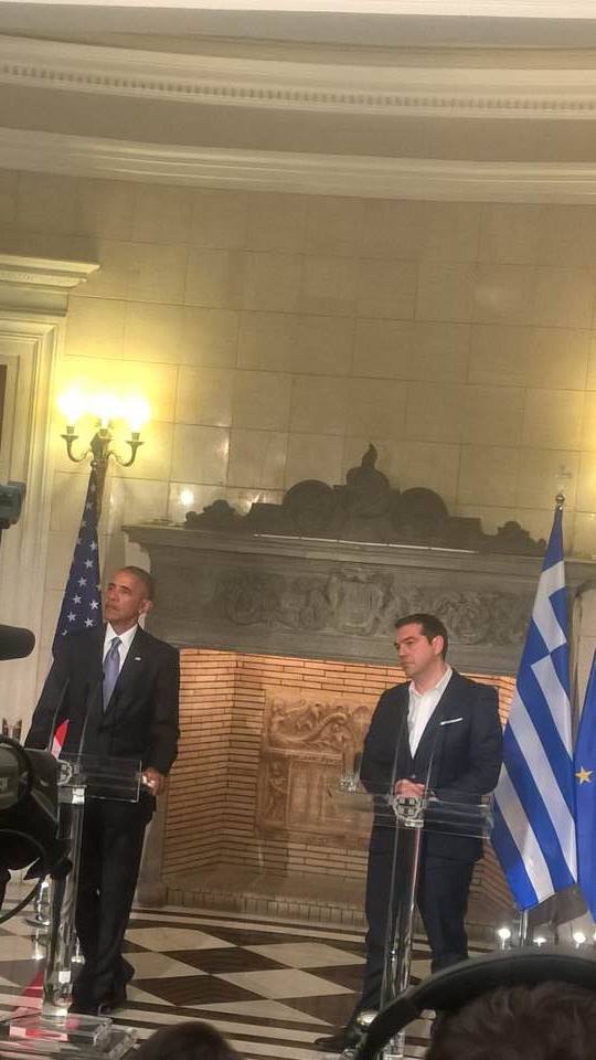 Barack Obama in a joint news conference with Greek Prime Minister Alexis Tsipras in Athens