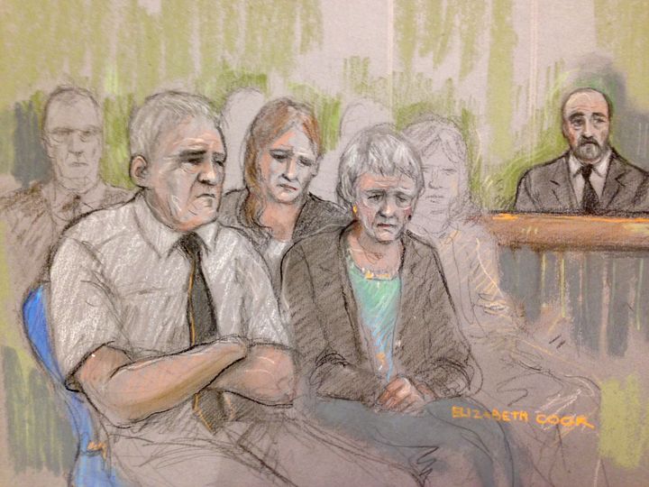 A sketch of Jo Cox's family in court: her father Gordon Leadbeater (left), sister Kim (centre, rear) and mother Jean (right)