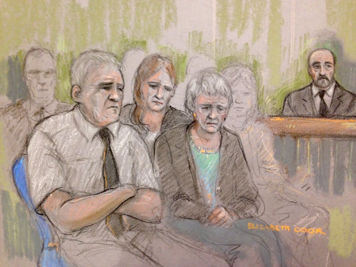 <strong>A sketch of Jo Cox's family in court: her father Gordon Leadbeater (left), sister Kim (centre, rear) and mother Jean (rig</strong>ht)