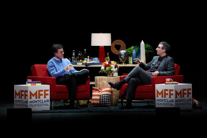 Stephen Colbert and John Oliver onstage at the Post-Election Evening to Benefit Montclair Film Festival on November 19, 2016 in Newark, New Jersey.