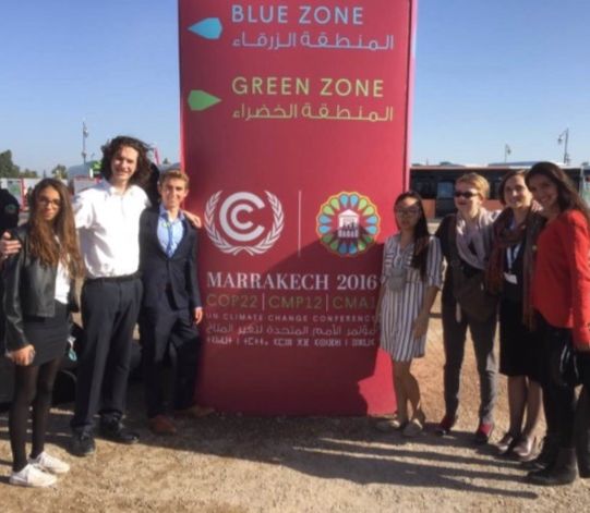 School of Environmental Studies and Climate Generation delegates join other youth at the entrance to COP22 in Marrakech