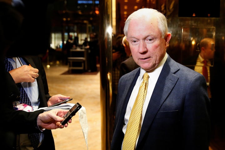 Senator Jeff Sessions (R-AL) arrives in the lobby of Republican president-elect Donald Trump's Trump Tower in New York, New Y