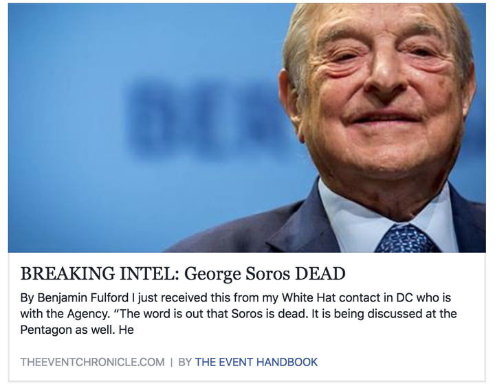 A Facebook post from The Event Chronicle falsely claiming that George Soros died.