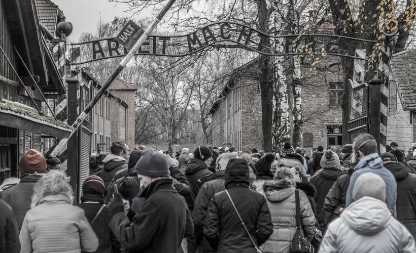 The infamous “Arbeit Macht Frei (Work Makes You Free)” sign at entry gate at Auschwitz