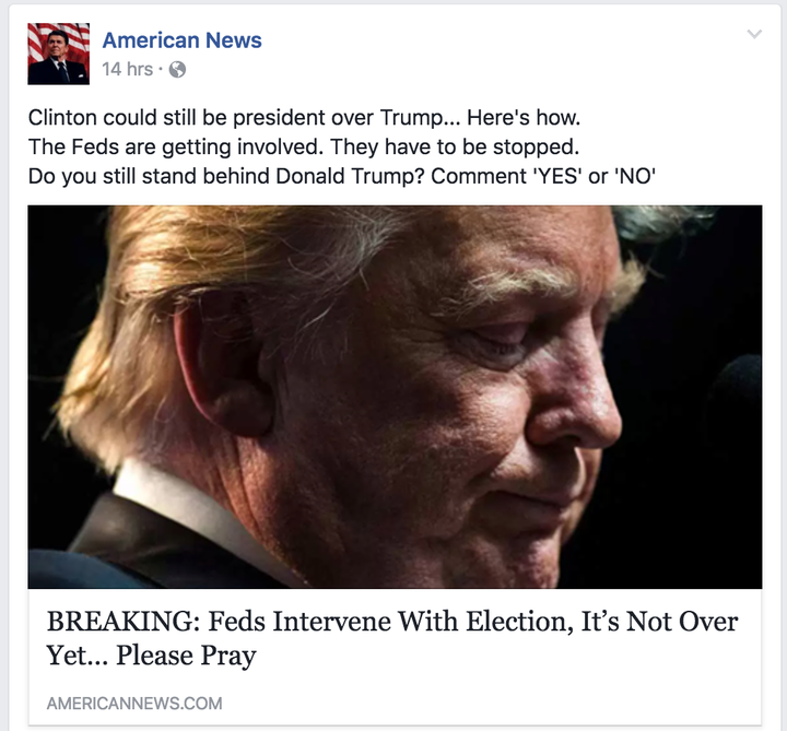 A Facebook post on the page of American News linking to a false story.