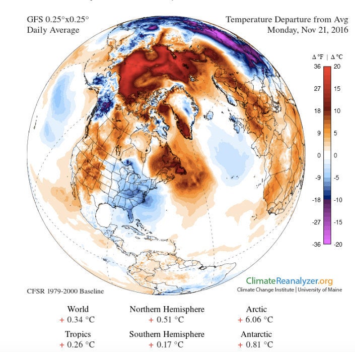 Air that's 36 degrees warmer than usual displaced the Arctic's normally cooler air in mid-November.