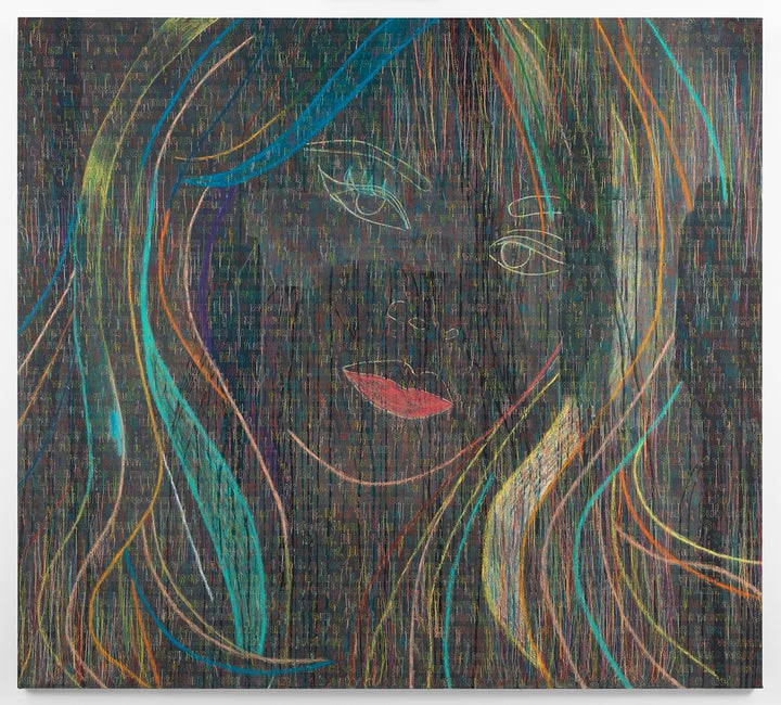 La Leçon de grammaire-RFGA, 2015, Ghada Amer. Acrylic, dried pastel, embroidery and gel medium on canvas.