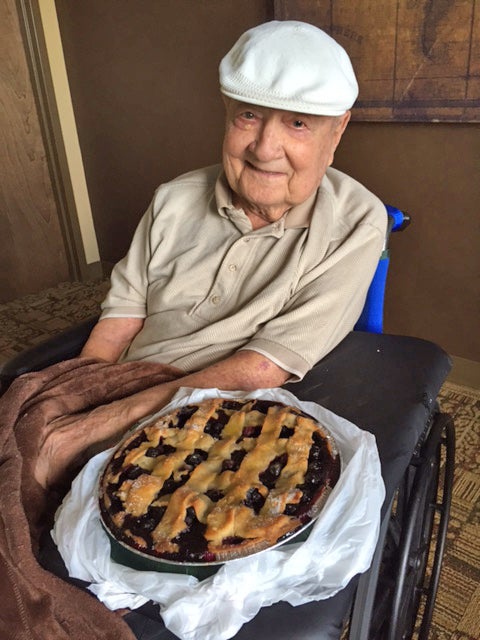 With a homemade blueberry pie on father’s day.