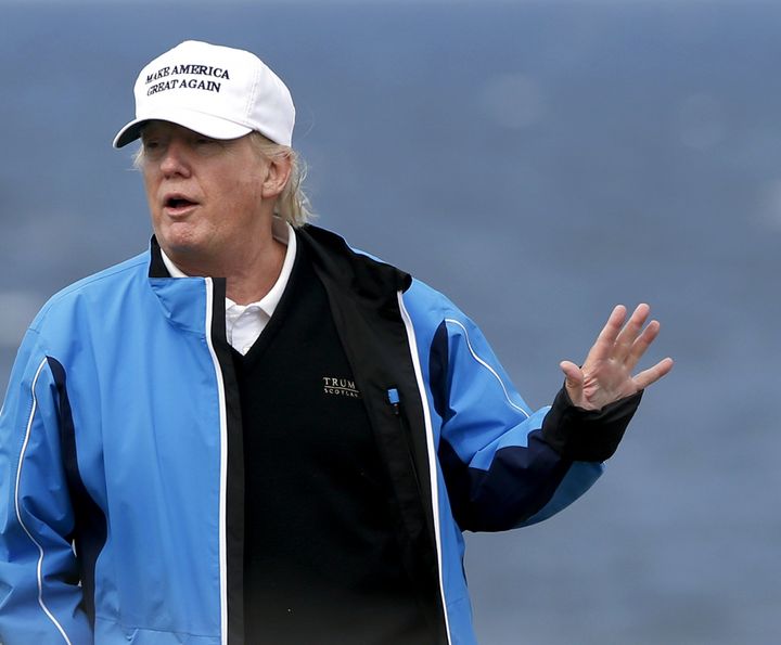 Trump, pictured at his golf course in Turnberry, Scotland last year, lost a legal battle to stop the construction of an offshore wind farm near his upscale resort