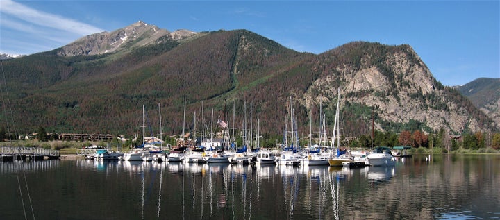 Frisco sits on the shores of Lake Dillion beneath Peak One.