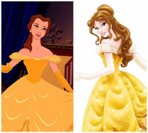 The original animated Belle, versus the 2012 rebranded princess.