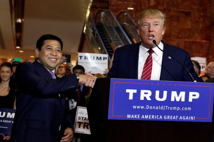 Donald Trump introduces Setya Novanto, then-speaker of the Indonesian Parliament, during a September 2015 campaign rally at Trump Tower in New York. Three months after the handshake, Setya, known as being “one of the most corrupt officials in Indonesia,” resigned from his post amid a $4 billion kickback scandal.