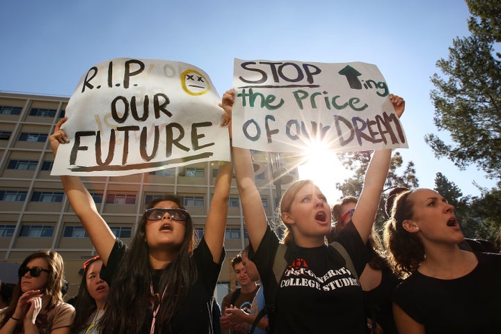 UCLA students and supporters demonstrate outside the UC Board of Regents meeting where members voted to approve a 32 percent tuition hike for the following year. Nov. 19, 2009