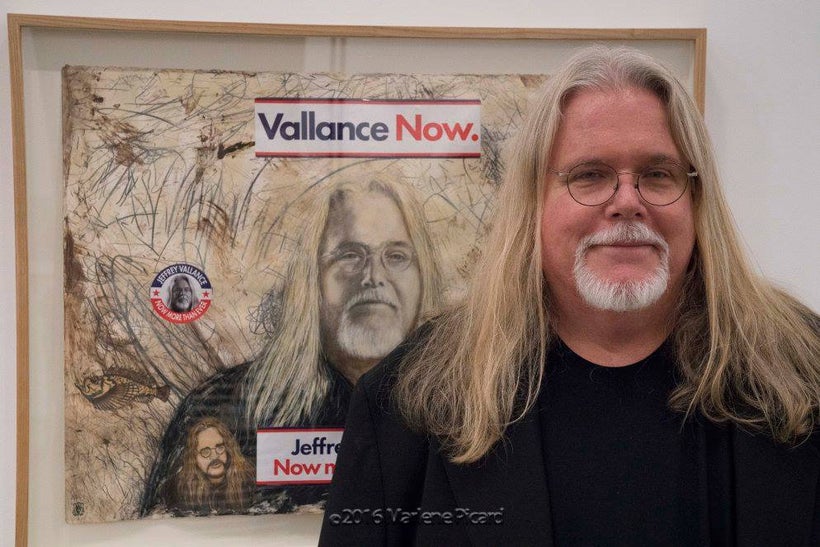 Jeffrey with Vallance Now, 2016. Mixed media on paper with stickers and paper collage; 22 1/4 X 30 inches.
