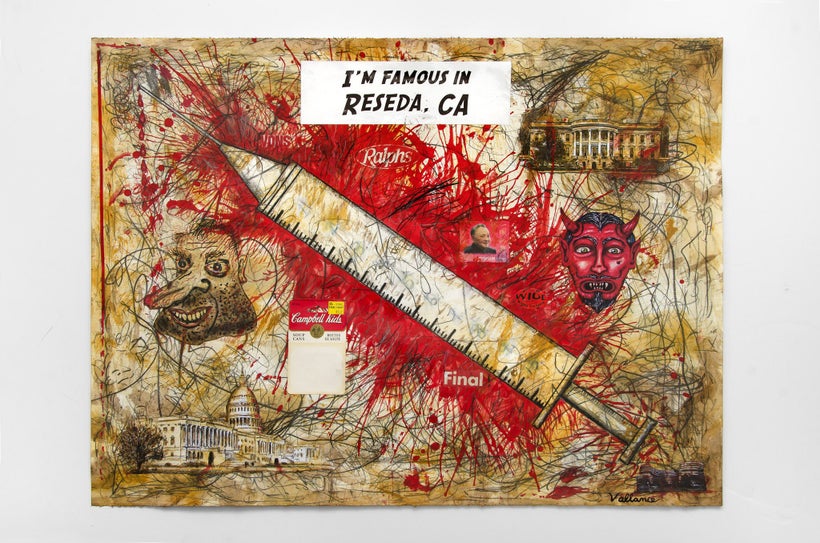 D.C. Hypodermic, 2016. Mixed media on paper with printed paper collage. 23 x 29 inches.