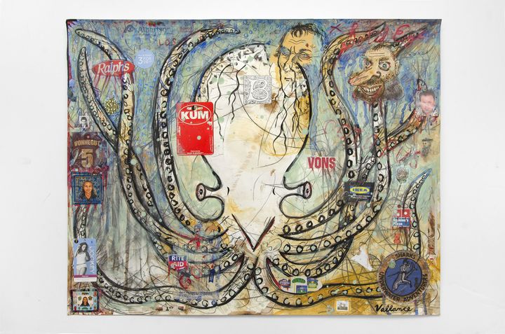 The Octopus of Life, 2016. Mixed media on paper with commercial labels, stickers, and printed paper collage. 23 x 29 inches.