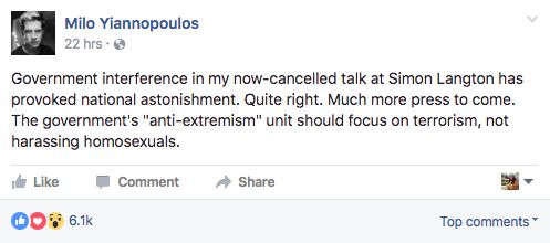 <strong>Yiannopoulos has been vocal on Facebook about his talk being cancelled</strong>