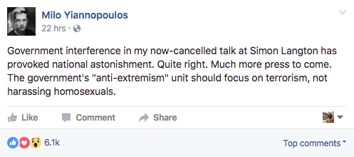 Yiannopoulos has been vocal on Facebook about his talk being cancelled