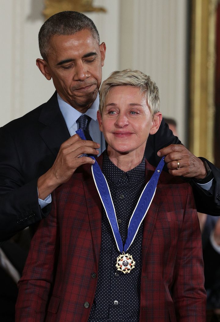 U.S. President Barack Obama presents the Presidential Medal of Freedom to comedian and talk show host Ellen DeGeneres