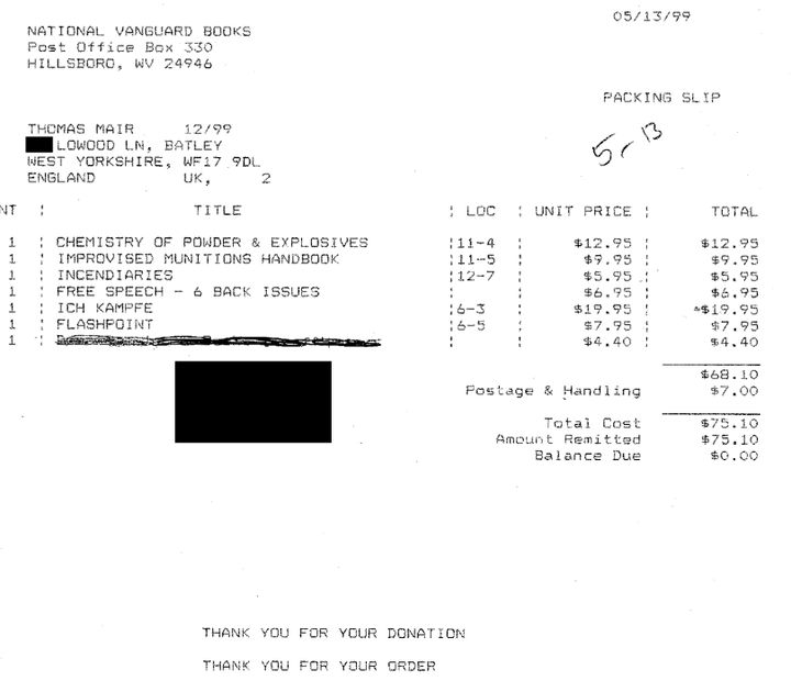 A May 1999 receipt showing Mair ordering books on how to build explosives and munitions as well as a handbook issued to Nazis in the 1940s