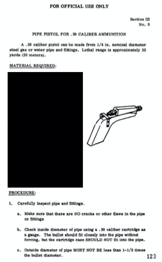 <strong>A page from the Improvised Munitions Handbook, showing how to build a pistol out of a pipe</strong>
