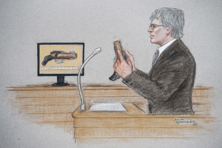 Court sketch of a firearms expert testifying about the weapon Thomas Mair used