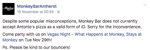 <strong>The bar clarified on Facebook that pizza is not a valid form of ID </strong>