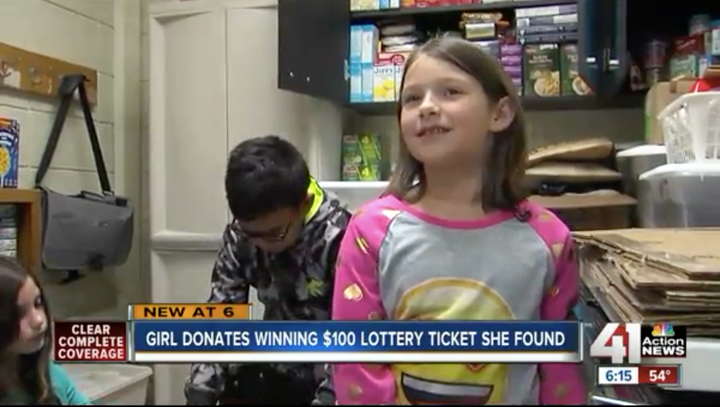 Phoebe Brown, 7, donated $100 worth of food to her school's food drive after finding a winning scratch-off ticket on the ground.