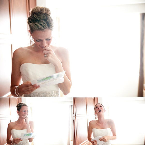 <strong>3. Exchange letters on the morning of the wedding.</strong> Sure, "meet you down the aisle" texts are charming, but there's nothing quite like putting pen to paper. Thank your future spouse for marrying you and making you the luckiest woman alive. Capture each other's reaction on film by reading the letters out loud for your videographer. <br><br><strong>Related:</strong><a href="http://www.bridalguide.com/planning/the-details/photo-video/getting-ready-photos#161622" target="_blank" role="link" rel="nofollow" class=" js-entry-link cet-external-link" data-vars-item-name="60 Must-Have "Getting Ready" Photos" data-vars-item-type="text" data-vars-unit-name="5835c410e4b0a79f7433b31f" data-vars-unit-type="buzz_body" data-vars-target-content-id="http://www.bridalguide.com/planning/the-details/photo-video/getting-ready-photos#161622" data-vars-target-content-type="url" data-vars-type="web_external_link" data-vars-subunit-name="article_body" data-vars-subunit-type="component" data-vars-position-in-subunit="1">60 Must-Have "Getting Ready" Photos</a>