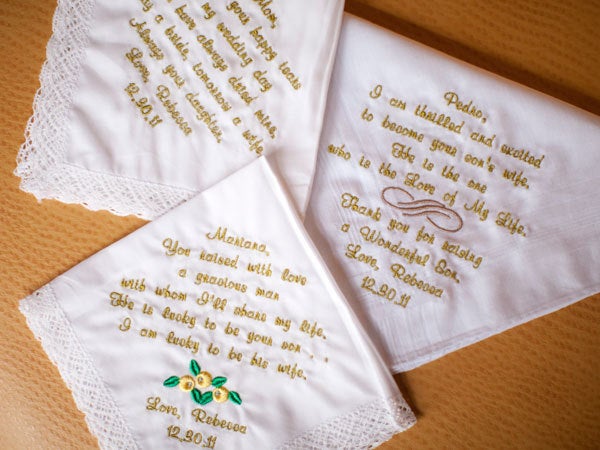 <strong>6. Wipe away your parents' tears of joy. </strong> Personalize vintage handkerchiefs with embroidered messages for Mom, Dad, your mother-in-law, father-in-law, or any other close family members. <br><br><strong>Related:</strong><a href="http://www.bridalguide.com/planning/details/favors-gifts/thank-you-gifts-for-parents#148262" target="_blank" role="link" rel="nofollow" class=" js-entry-link cet-external-link" data-vars-item-name="Wedding Thank-You Gifts for Mom and Dad" data-vars-item-type="text" data-vars-unit-name="5835c410e4b0a79f7433b31f" data-vars-unit-type="buzz_body" data-vars-target-content-id="http://www.bridalguide.com/planning/details/favors-gifts/thank-you-gifts-for-parents#148262" data-vars-target-content-type="url" data-vars-type="web_external_link" data-vars-subunit-name="article_body" data-vars-subunit-type="component" data-vars-position-in-subunit="4">Wedding Thank-You Gifts for Mom and Dad</a>