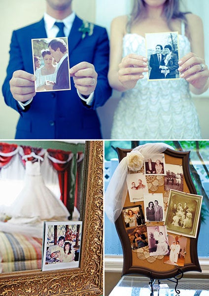 8. Honor your parents' marriage by incorporating their wedding-day photos. Whether it's one small photo tucked into your armoire or a dedicated corner at the sign-in table, they'll appreciate the sentimental gesture. Or, have your photographer help you re-create one of their favorite shots.