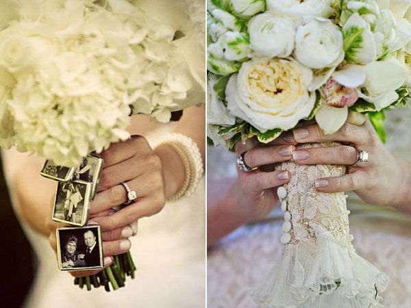 <p><strong>9. Carry a piece of them down the aisle with you.</strong> </p><p>Use fabric from your mother's wedding dress as your bouquet holder (like the photo pictured at right), or hang miniature childhood photos from your flowers. Instead of doing a bouquet toss, give a speech at the reception dedicating your bouquet to the most important woman in your life — Mom.</p>