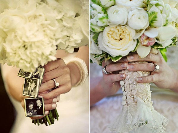 <p><strong>9. Carry a piece of them down the aisle with you.</strong></p><p>Use fabric from your mother's wedding dress as your bouquet holder (like the photo pictured at right), or hang miniature childhood photos from your flowers. Instead of doing a bouquet toss, give a speech at the reception dedicating your bouquet to the most important woman in your life — Mom.</p>