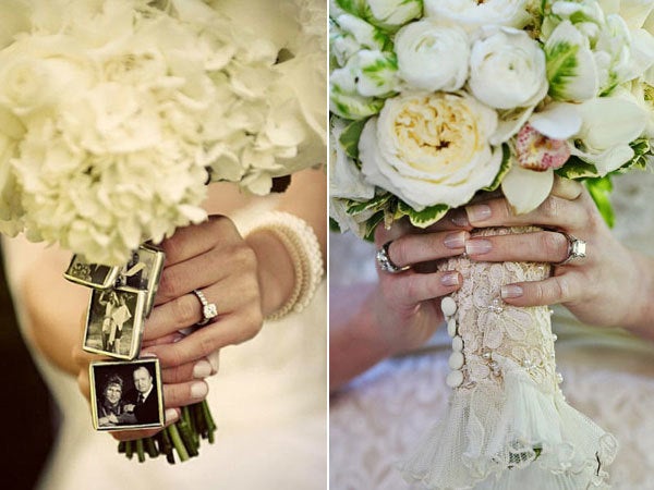 9. Carry a piece of them down the aisle with you.Use fabric from your mother's wedding dress as your bouquet holder (like the photo pictured at right), or hang miniature childhood photos from your flowers. Instead of doing a bouquet toss, give a speech at the reception dedicating your bouquet to the most important woman in your life — Mom.