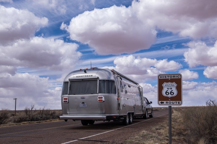 The couple journeyed along Route 66 with their trailer in tow.