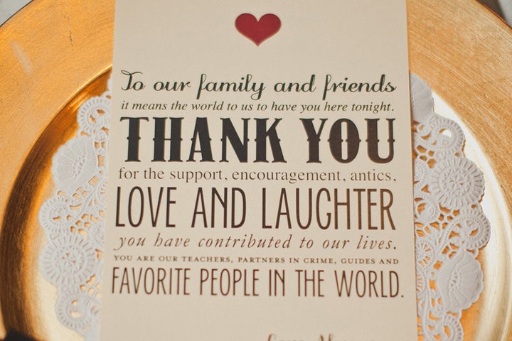 <p><strong>19. Incorporate "thanks" as part of your wedding décor. </strong></p><p>One popular option is to display a special thank-you on the menu. Or, you could include a meaningful blessing or prayer.</p>