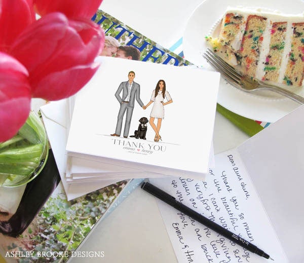<strong>21. Have fun with your thank-you cards.</strong> A custom illustration makes signing all of those notes that much more bearable (and, dare we say it, fun). <br><br><strong>Related:</strong><a href="http://www.bridalguide.com/blogs/from-dianes-desk/thank-you-note-rules" target="_blank" role="link" rel="nofollow" class=" js-entry-link cet-external-link" data-vars-item-name="Etiquette Q&A: "What Should We Write in Our Thank-You Notes?"" data-vars-item-type="text" data-vars-unit-name="5835c410e4b0a79f7433b31f" data-vars-unit-type="buzz_body" data-vars-target-content-id="http://www.bridalguide.com/blogs/from-dianes-desk/thank-you-note-rules" data-vars-target-content-type="url" data-vars-type="web_external_link" data-vars-subunit-name="article_body" data-vars-subunit-type="component" data-vars-position-in-subunit="14">Etiquette Q&A: "What Should We Write in Our Thank-You Notes?"</a>