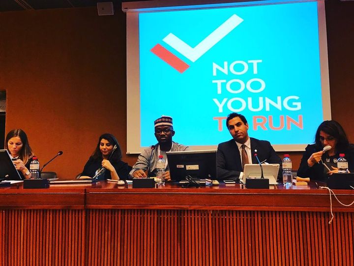 <p>Center, Left to Right: Samson Itodo, Founder YIAGA, and UN Youth Envoy, Ahmad Alhendawi at Global launch of #NotTooYoungToRun Campaign</p>