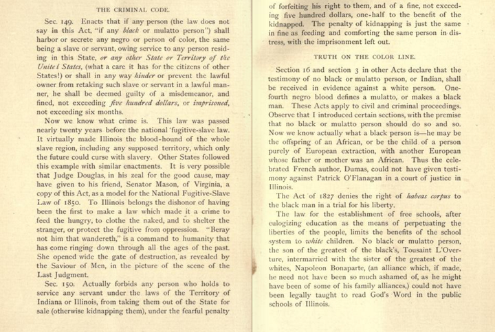 Criminal Code Section of the Illinois State Code summarized in “The Illinois Black Code” . Author, Zebina Eastman, 1883