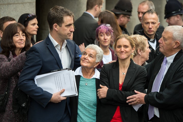 (L-R) Jo Cox's husband Brendan Cox, mother Jean Leadbeater, father Gordon Leadbeater and sister Kim Leadbeater react after speaking to the media following the guilty verdict in Thomas Mair's trial