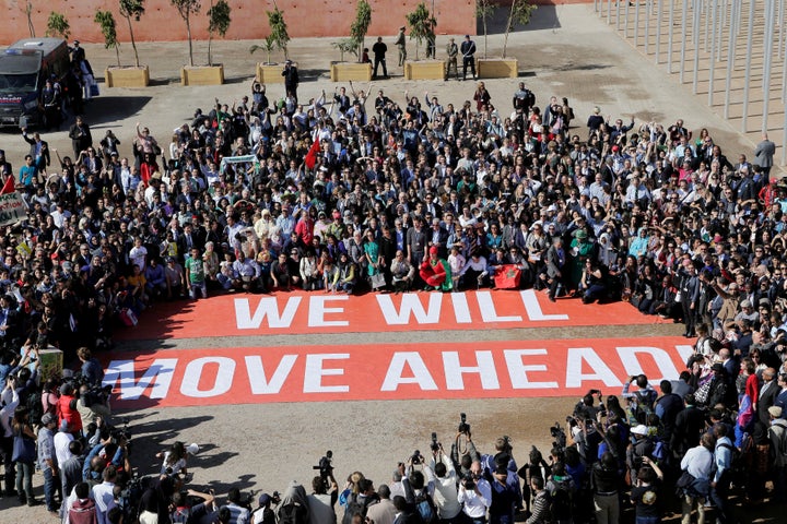 A Greenpeace demonstration outside the U.N. climate talks in Marrakech, Morocco, this month. Diplomats at the talks discussed how to hold Trump to the Paris accord.