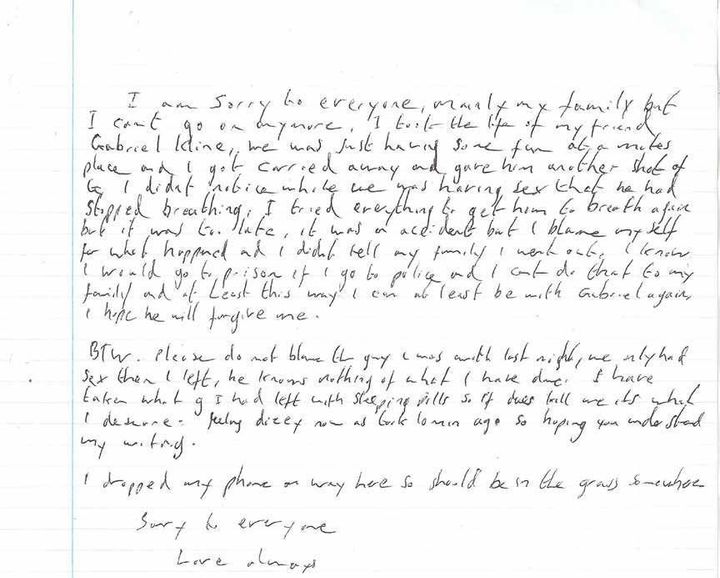 <strong>The fake suicide note written by Port found on the body of Daniel Whitworth</strong>