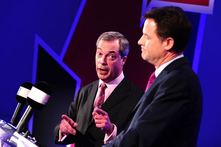 Farage (left) and Clegg (right) during a series of debates about the EU in 2014